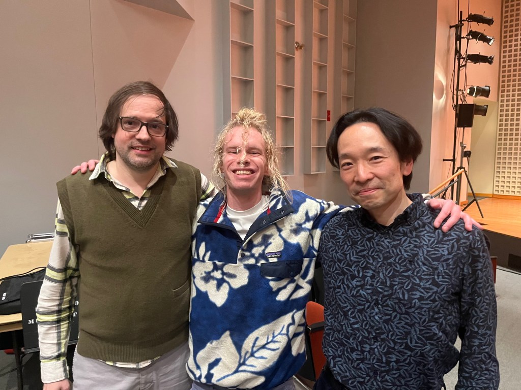 a photograph featuring bassist Thomas Hiscock, composer and educator, Carl C. Bettendorf; and Bates College music professor, Hiroya Miura.